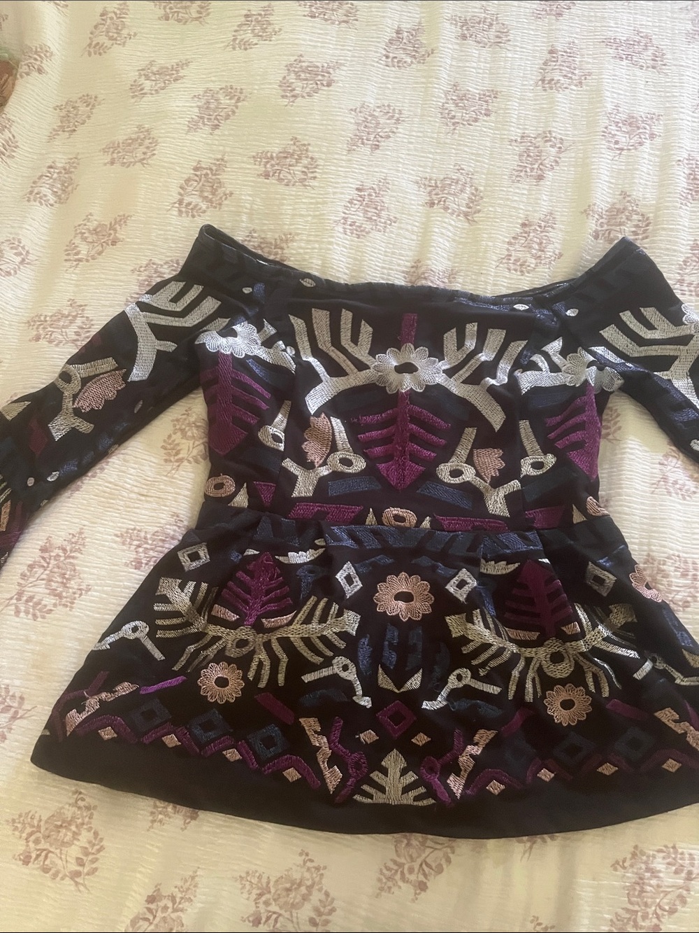 VENUS Black Off-Shoulder Embroidered Peplum Top with Purple and Silver Motif